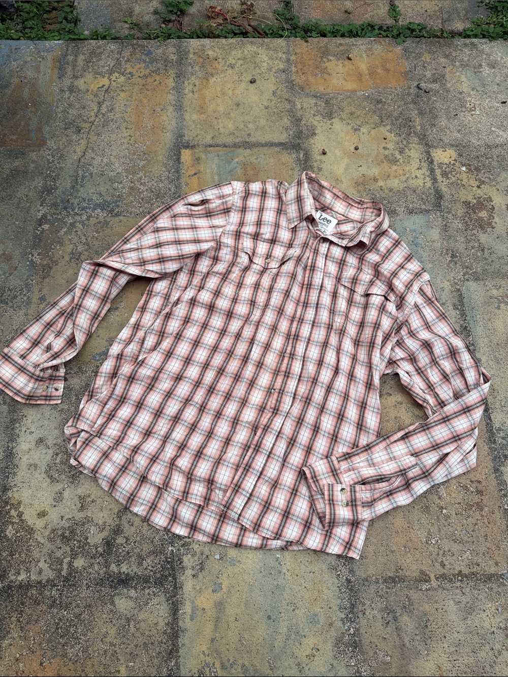 Lee Dungaree Men's Plaid Button-Down Shirt in brown, peach and tan
